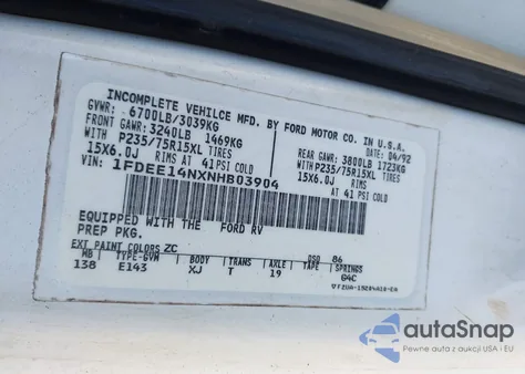 1992 Ford Econoline E150 Van from USA, damaged, VIN 1FDEE14NXNHB03904